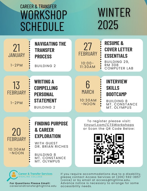 Career and Transfer Services Winter 2025 Workshop Schedule: Navigating the Transfer Process – January 21, 1-2pm, Bldg. 2; Writing a Compelling Personal Statement – February 13, 1-2pm, Bldg. 2; Finding Purpose & Career Exploration – February 20, 10:30am-12:00pm, Bldg. 8 Mt. Constance/Mt. Olympus; Resume & Cover Letter Essentials – February 27, 10-11:30am, Bldg. 29, Rm. 308 Computer Lab; Interview Skills Bootcamp – March 6, 10:30am-12:00pm, Bldg. 8 Mt. Constance/Mt. Olympus. To register for these workshops, please visit tinyurl.com/CTSWorkshops.